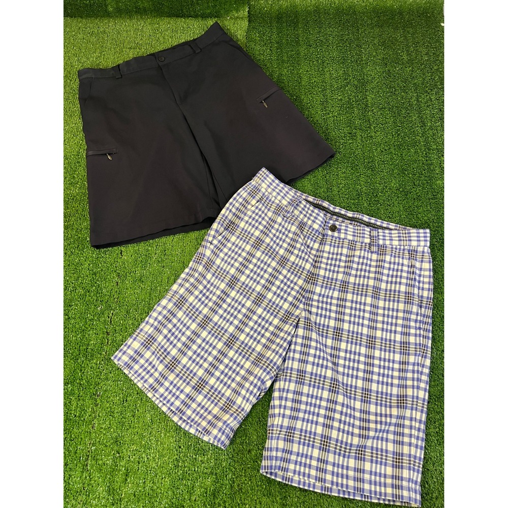 Lot of 2 Izod Golf Shorts Mens 32 Black‎ Solid Blue White Plaid Performance